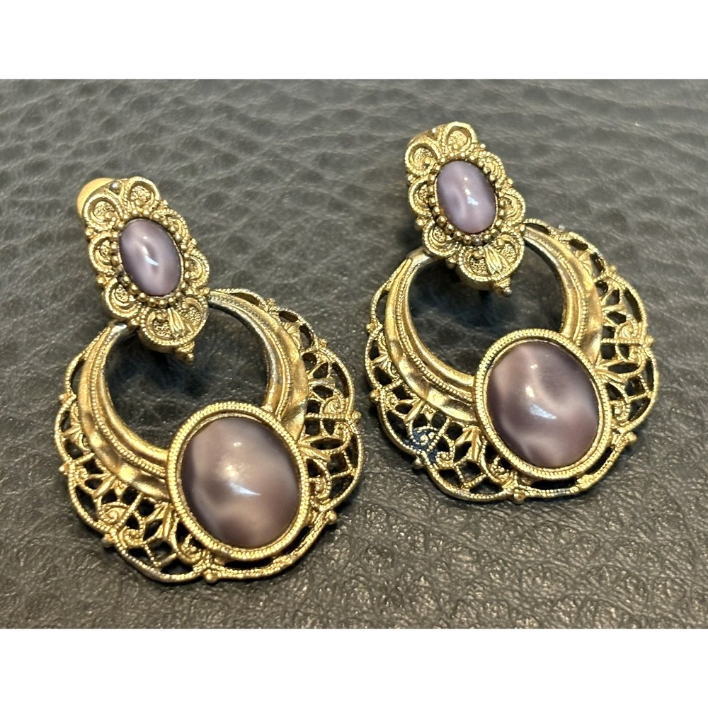 1928 Vintage 80s 90s DOOR KNOCKER Purple Marbled Cabochons Filigree EARRINGS